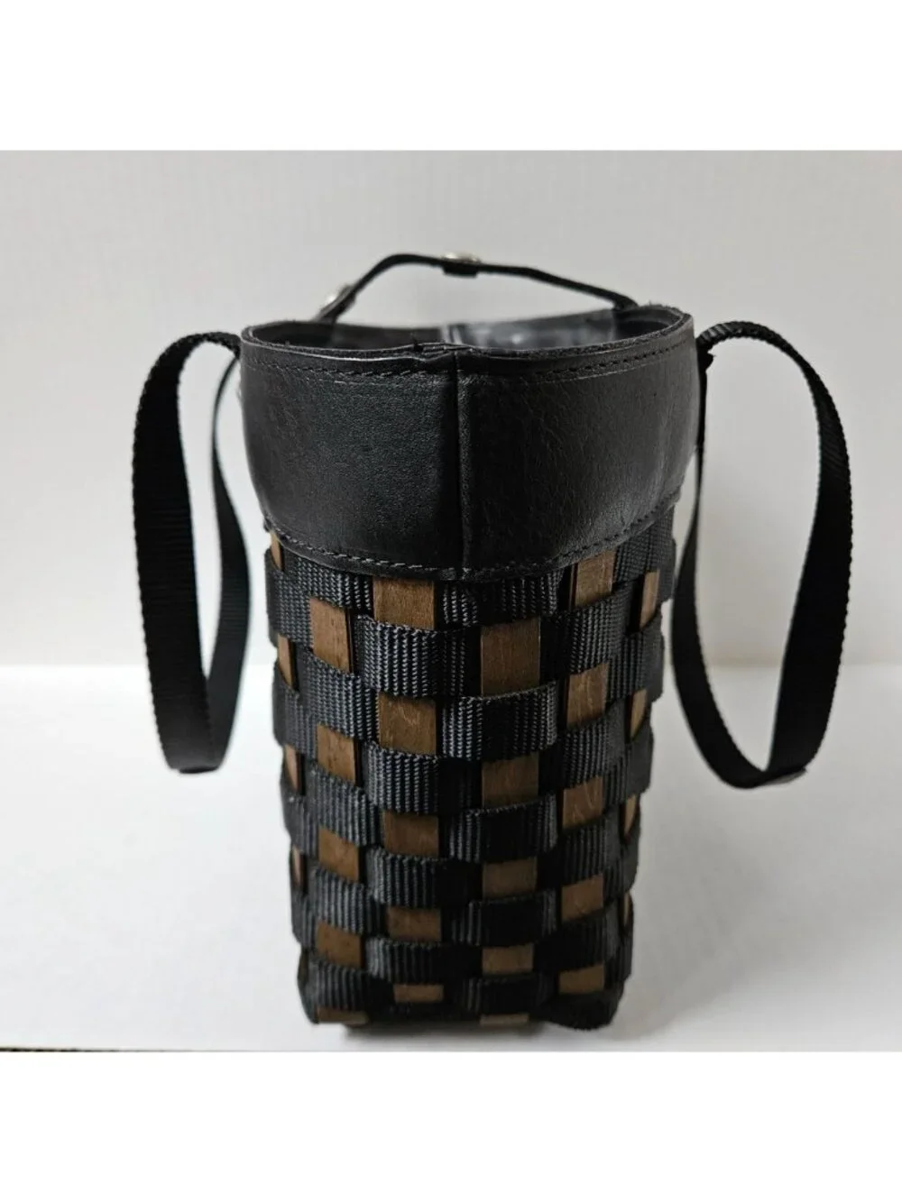 Longaberger To Go Small Shopping Tote Basket Black Woven Nylon Leather Purse Bag